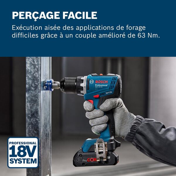 Bosch Professional 18V System Perceuse-visseuse sans fil GSR 18V-65 (moteur sans balais, longueur de tête 166, incl 2x GBA 18V 5.0Ah, chargeur GAL 18V-40, L-BOXX)