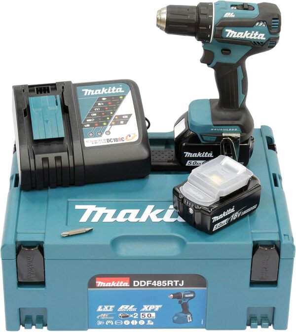 Perceuse visseuse 18V LXT (2x5,0 Ah) en MAKPAC - MAKITA DDF485RTJ & B-53811 Ensemble d'accessoires multicolores, 100 pièces