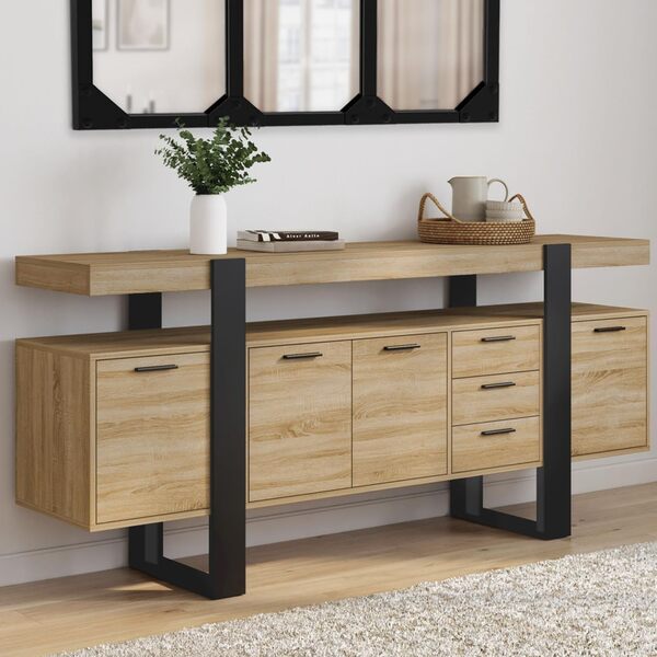 Buffet 4 Portes PHOENIX 100 Cm - Style Industriel Bois Et Noir, Rangement Spacieux (100x40x80 Cm)