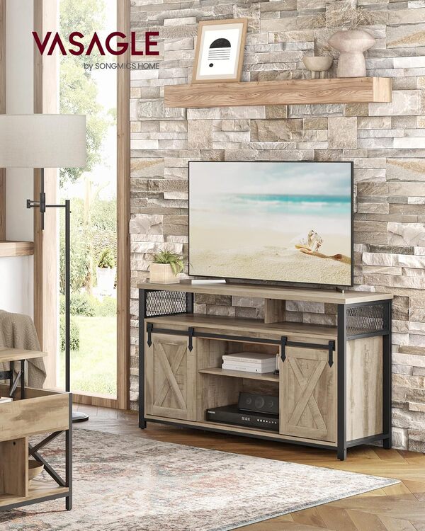 VASAGLE Meuble TV, Support pour Téléviseur Jusqu’à 60 Pouces, Table Télé avec Étagères Réglables, Porte Coulissante, Cadre en Métal, Couleur Chêne et Noir LTV46B50
