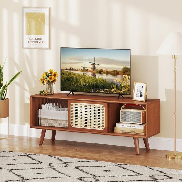 COSTWAY Meuble TV en Bambou avec 4 Compartiments pour TV 55