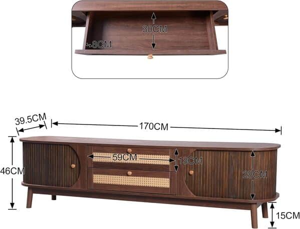 WASAGA Meuble TV en bois naturel avec portes et tiroirs - Support TV - Style campagne naturel avec côtés en rotin - Solution de rangement