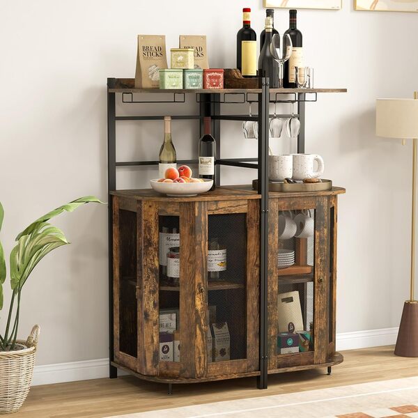 KOMFOTTEU Porte-Bouteilles en Bois, Meuble Bar avec Porte-Verres en Verre, Portes en Maille métallique et Étagère réglable, Coin Bar pour Maison, Salon, Salle à Manger, 48 x 48 x 130 cm (Marron)