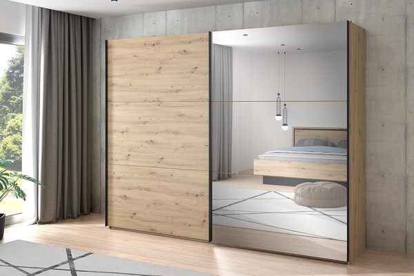 Forte Trondheim Armoire 270, Portes Coulissantes avec Miroir, Style Industriel, Chêne Artisan, 270x210.5x63cm