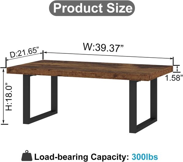 IBF Table Basse Salon Bois et Métal Industrielle Moderne Table Rectangulaire Minimaliste Vintage pour Chambre Chêne Marron Rustique 100 x 55 x 45.5