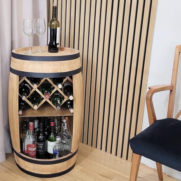 weeco Tonneau Bar en Bois avec Casier à Vin – Meuble Bar Rustique – Armoire à Bouteilles – Bar en Fût de Vin – Décoration pour Salon – 80x50cm Chêne Clair