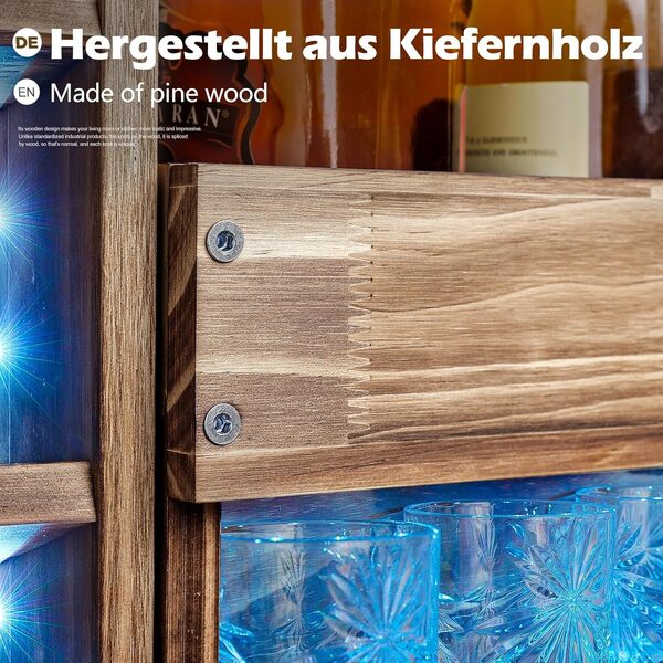 Yorbay Étagère à vin avec lumière LED Palette en Bois flammé, Bar Mural avec Support en liège, pour Verres à vin, Verres à Whisky, Porte-Bouteilles, Bar Domestique, Vintage, Cadeau