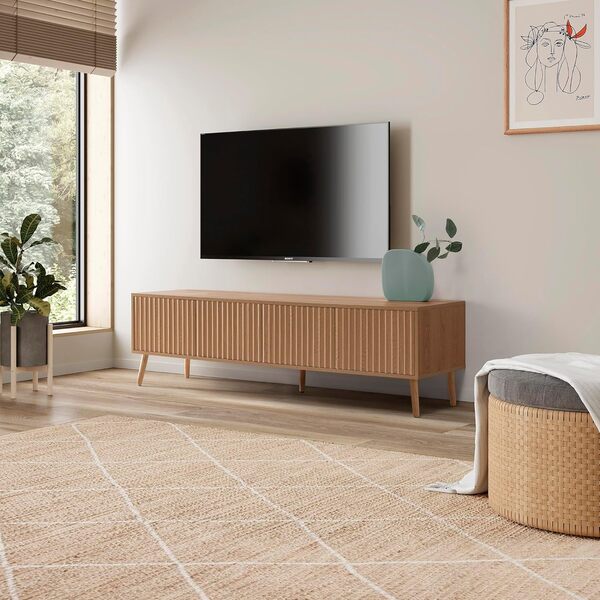 HOMN LIVING Meuble TV Lluvia 4 Portes Coloris chêne, 160 cm (Largeur) 40 cm (Profondeur) 45 cm (Hauteur)