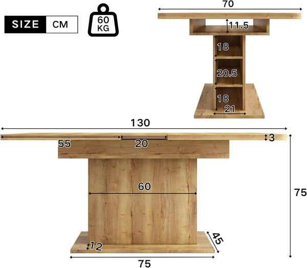 Merax Table à manger en bois, Table de salle à manger extensible avec rangement, Table de cuisine rectangulaire, pour salon et salle à manger, 110/130L x 70L x 75H cm, Naturel