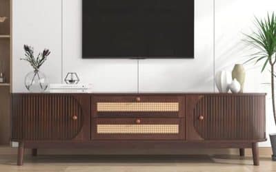 Avis : meuble TV bois massif et rotin, 2 portes et 2 tiroirs